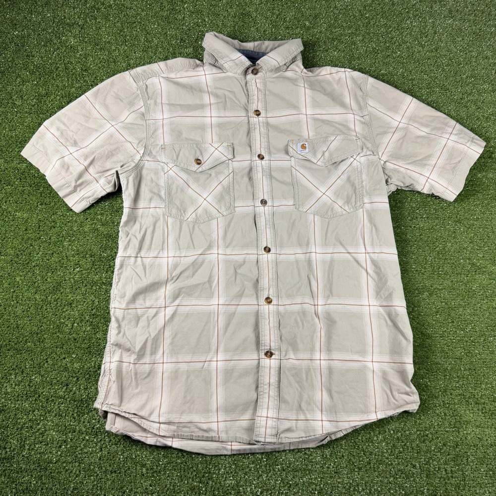 Carhartt Mens Relaxed Fit Plaid Short Sleeve Button Down Shirt Tan Large 0645